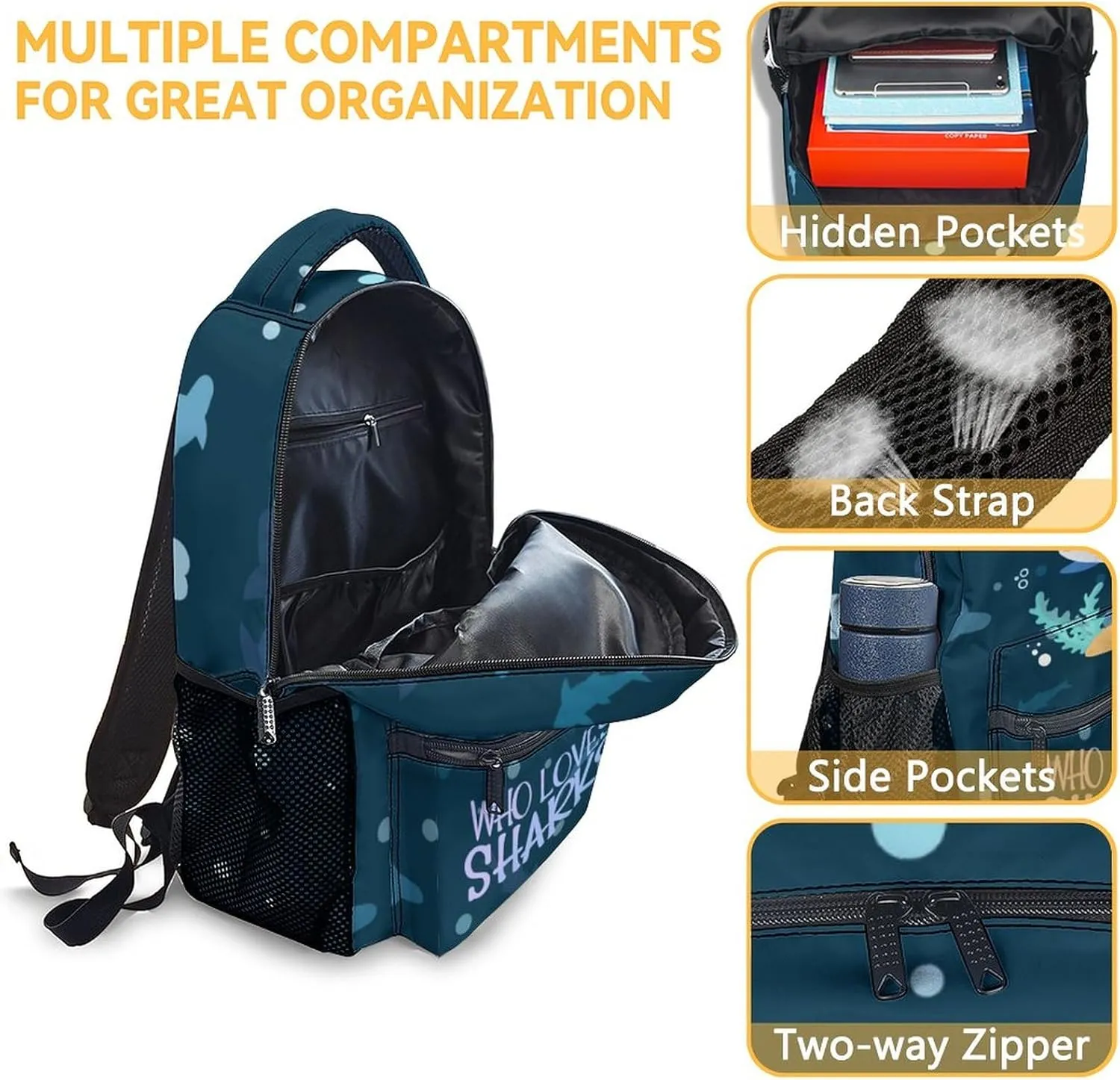 Shark Backpack for Boys Girls, 16 Inch Cute Backpack for School, Blue, Large Capacity, Durable, Lightweight Bookbag for Kids Travel