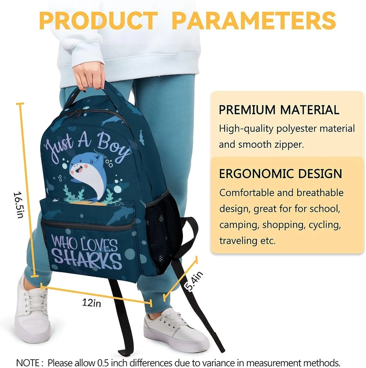 Shark Backpack for Boys Girls, 16 Inch Cute Backpack for School, Blue, Large Capacity, Durable, Lightweight Bookbag for Kids Travel