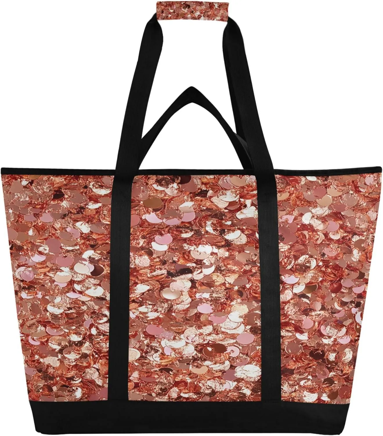 Shiny Rose Gold Glitter Reusable Insulated Cooler Bag with Ice Pack Compartment - Large 47L Waterproof Thermal Grocery Tote for Picnic Beach Camping Lunch Storage