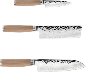 Shun Premier Blonde 3 Piece Japan Starter Set, Includes 7" Santoku, 4" Paring & 5.5" Nakiri Knives, Handcrafted Japanese Knife Set, VG-MAX Core with Damascus Stainless Steel Cladding, Pakkawood Handle