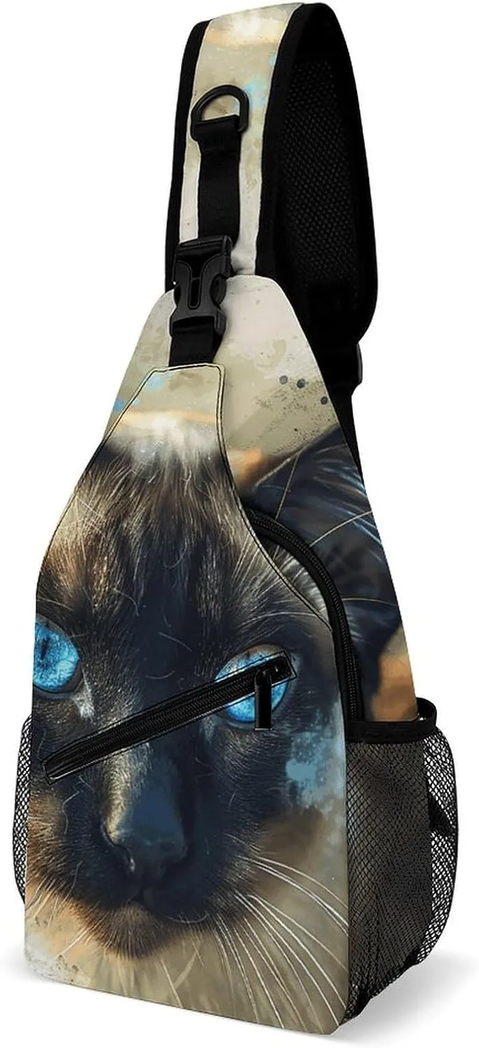 Siamese Cat Art Sling Bag with Rfid Blocking Causal Mens Crossbody Bag Lightweight Chest Pack Large Man Purse Travel Crossbody Backpack Shoulder Sling Backpack for Hiking Running Cycling