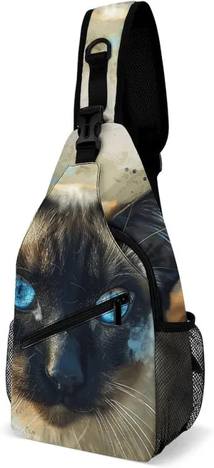 Siamese Cat Art Sling Bag with Rfid Blocking Causal Mens Crossbody Bag Lightweight Chest Pack Large Man Purse Travel Crossbody Backpack Shoulder Sling Backpack for Hiking Running Cycling