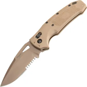 SIG SAUER K320 M17/M18 by Hogue ABLE Lock Folding Knife 3.5" S30V Coyote Tan PVD Drop Point Combo Blade, Coyote Tan Polymer Handles, AXIS/Crossbar Lock - 36373