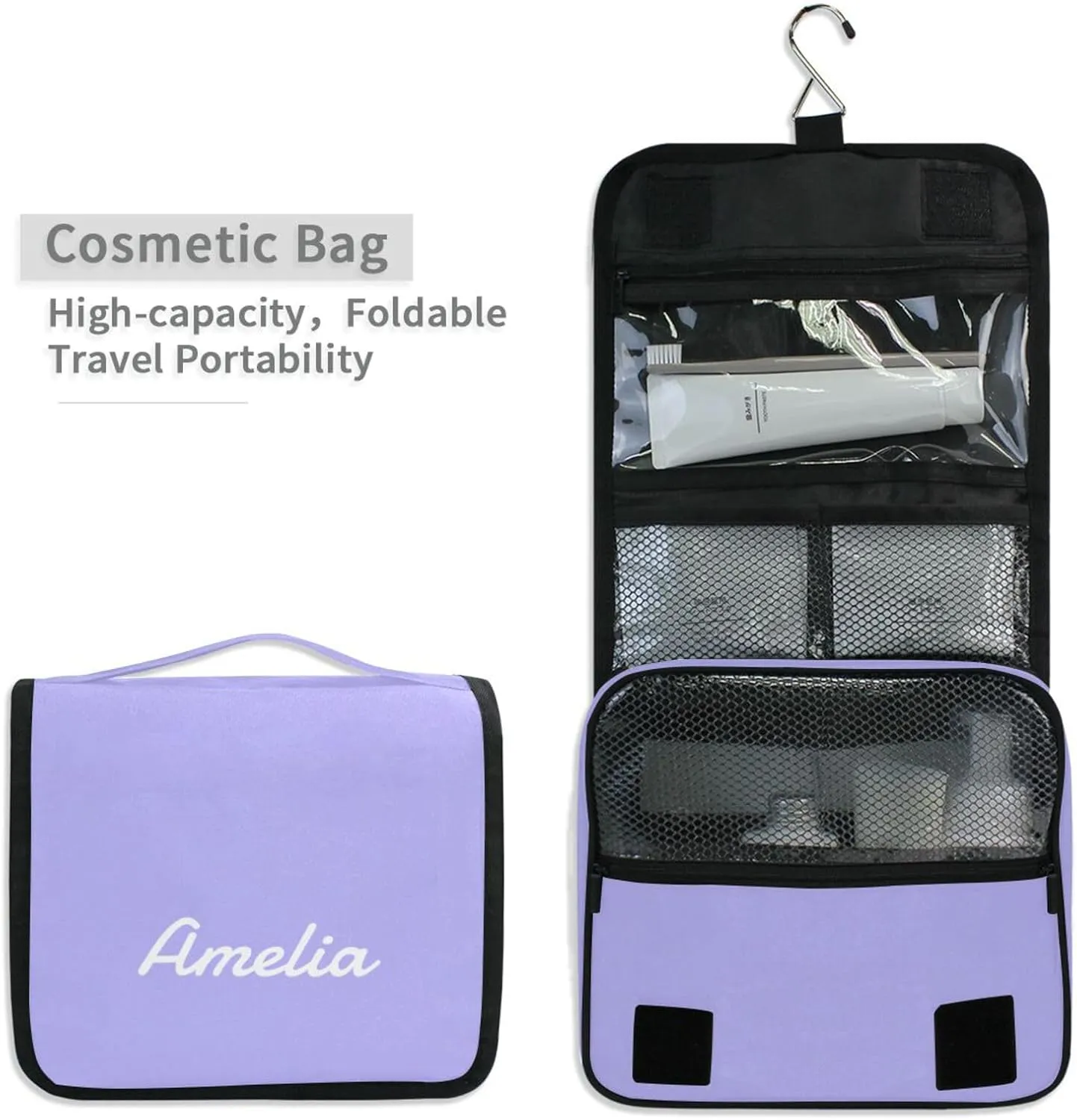 Sinestour Lilac Custom Name Hanging Toiletry Bag Personalized Makeup Cosmetic Bag Large Capacity Travel Toiletry Organizer Cosmetic Case for Toiletries Travel Bathroom Storage