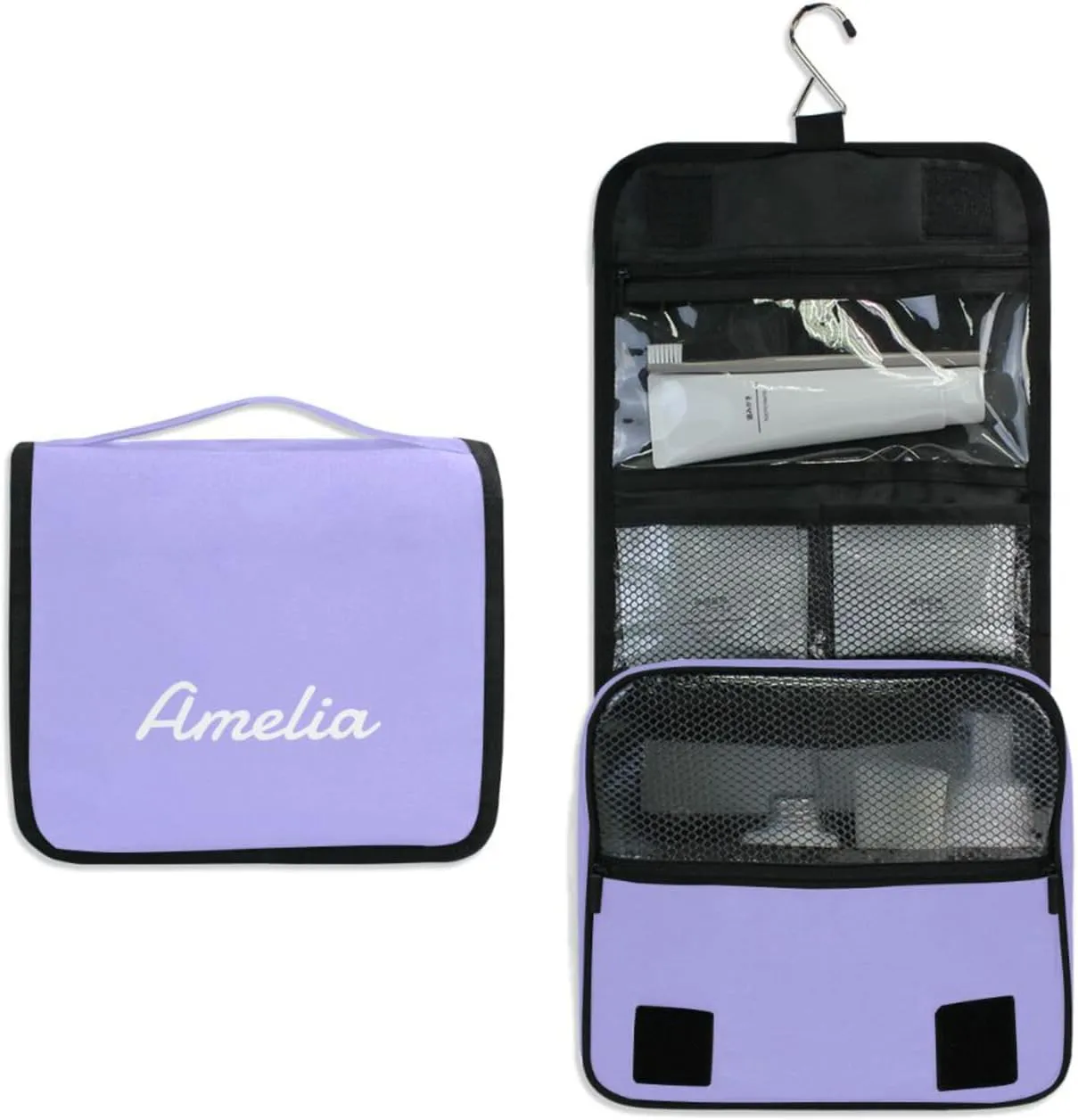 Sinestour Lilac Custom Name Hanging Toiletry Bag Personalized Makeup Cosmetic Bag Large Capacity Travel Toiletry Organizer Cosmetic Case for Toiletries Travel Bathroom Storage