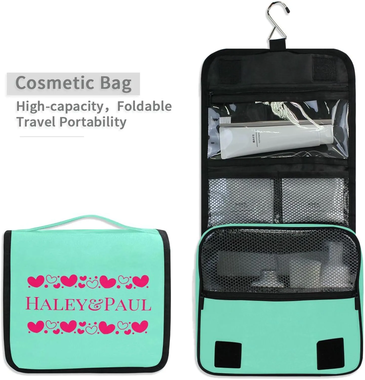 Sinestour Teal Hearts Custom Hanging Toiletry Bag Personalized Name Travel Toiletry Organizer Large Capacity Cosmetic Case Bag for Toiletries Brush Storage