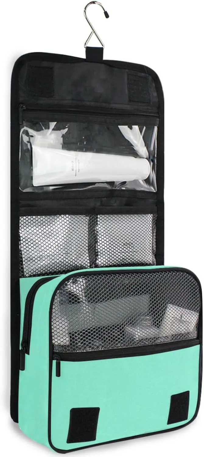 Sinestour Teal Hearts Custom Hanging Toiletry Bag Personalized Name Travel Toiletry Organizer Large Capacity Cosmetic Case Bag for Toiletries Brush Storage