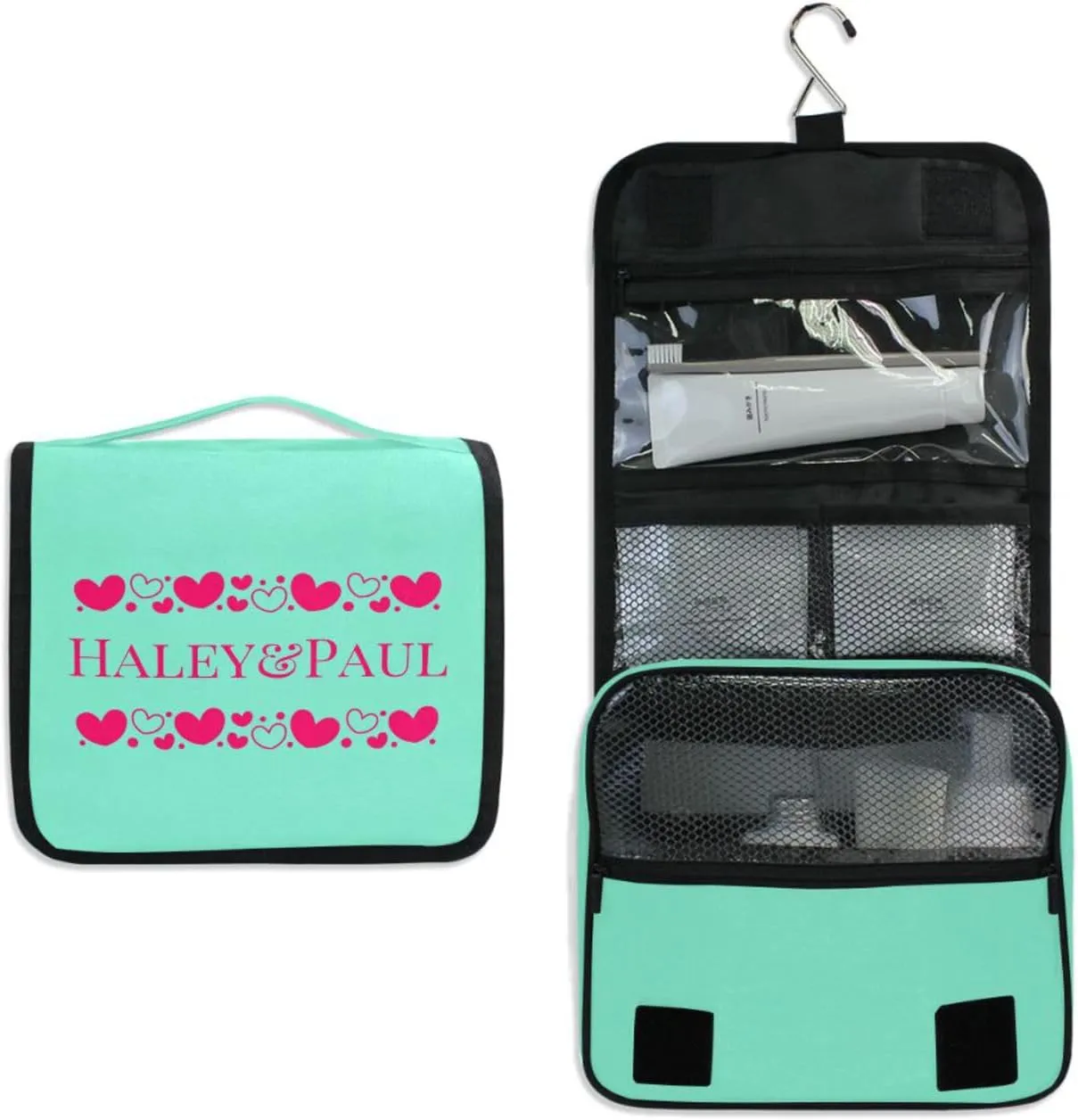 Sinestour Teal Hearts Custom Hanging Toiletry Bag Personalized Name Travel Toiletry Organizer Large Capacity Cosmetic Case Bag for Toiletries Brush Storage