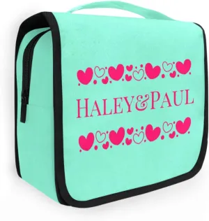 Sinestour Teal Hearts Custom Hanging Toiletry Bag Personalized Name Travel Toiletry Organizer Large Capacity Cosmetic Case Bag for Toiletries Brush Storage