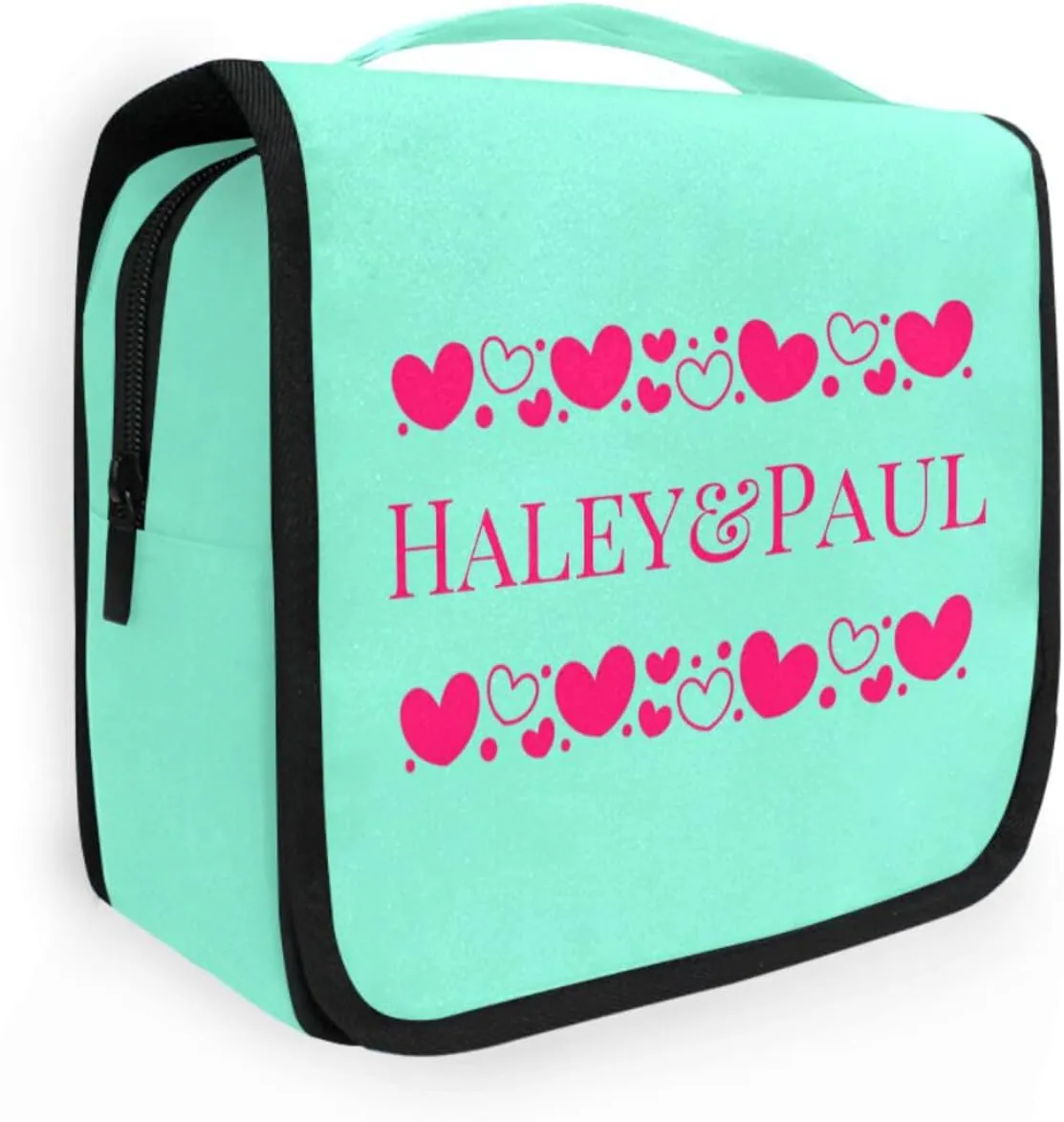 Sinestour Teal Hearts Custom Hanging Toiletry Bag Personalized Name Travel Toiletry Organizer Large Capacity Cosmetic Case Bag for Toiletries Brush Storage
