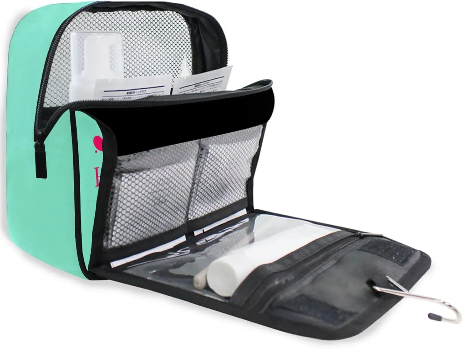 Sinestour Teal Hearts Custom Hanging Toiletry Bag Personalized Name Travel Toiletry Organizer Large Capacity Cosmetic Case Bag for Toiletries Brush Storage
