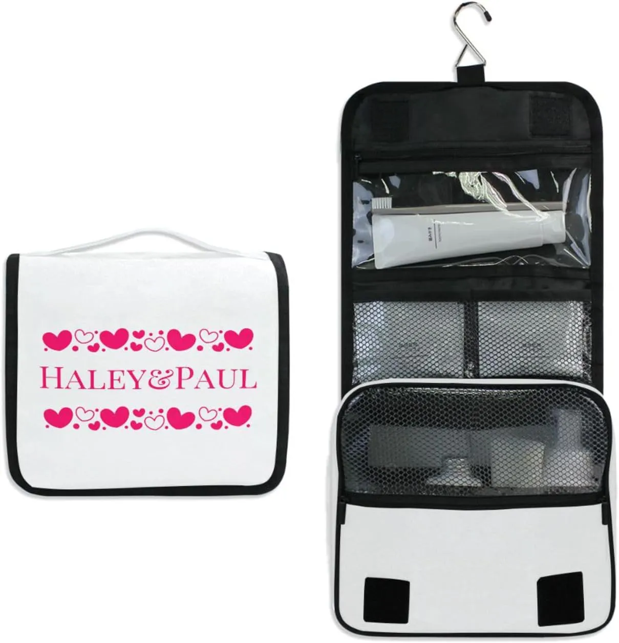 Sinestour White Hearts Custom Hanging Toiletry Bag Personalized Name Travel Toiletry Organizer Large Capacity Cosmetic Case Bag for Brush Toiletries Storage