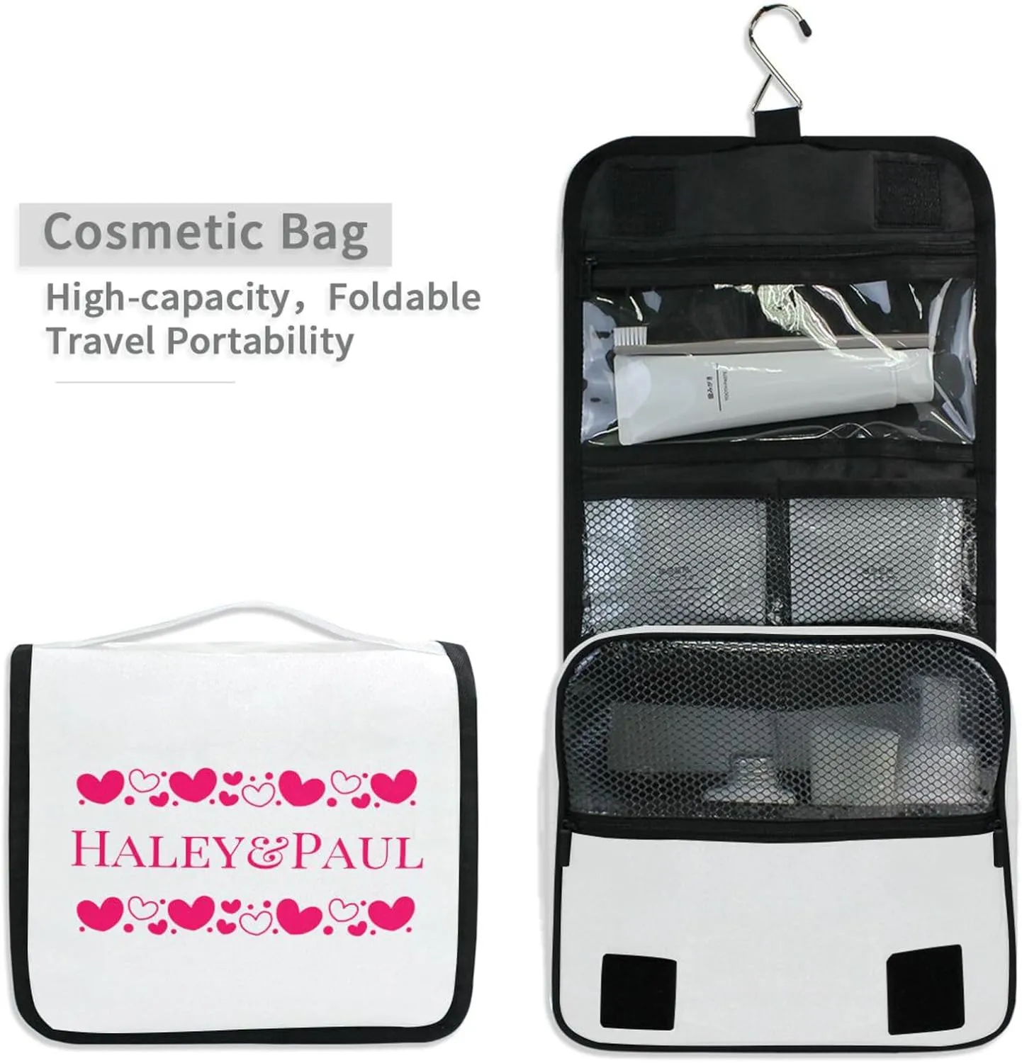 Sinestour White Hearts Custom Hanging Toiletry Bag Personalized Name Travel Toiletry Organizer Large Capacity Cosmetic Case Bag for Brush Toiletries Storage