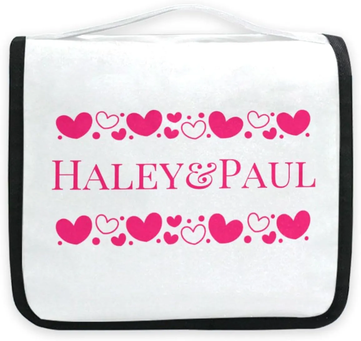 Sinestour White Hearts Custom Hanging Toiletry Bag Personalized Name Travel Toiletry Organizer Large Capacity Cosmetic Case Bag for Brush Toiletries Storage