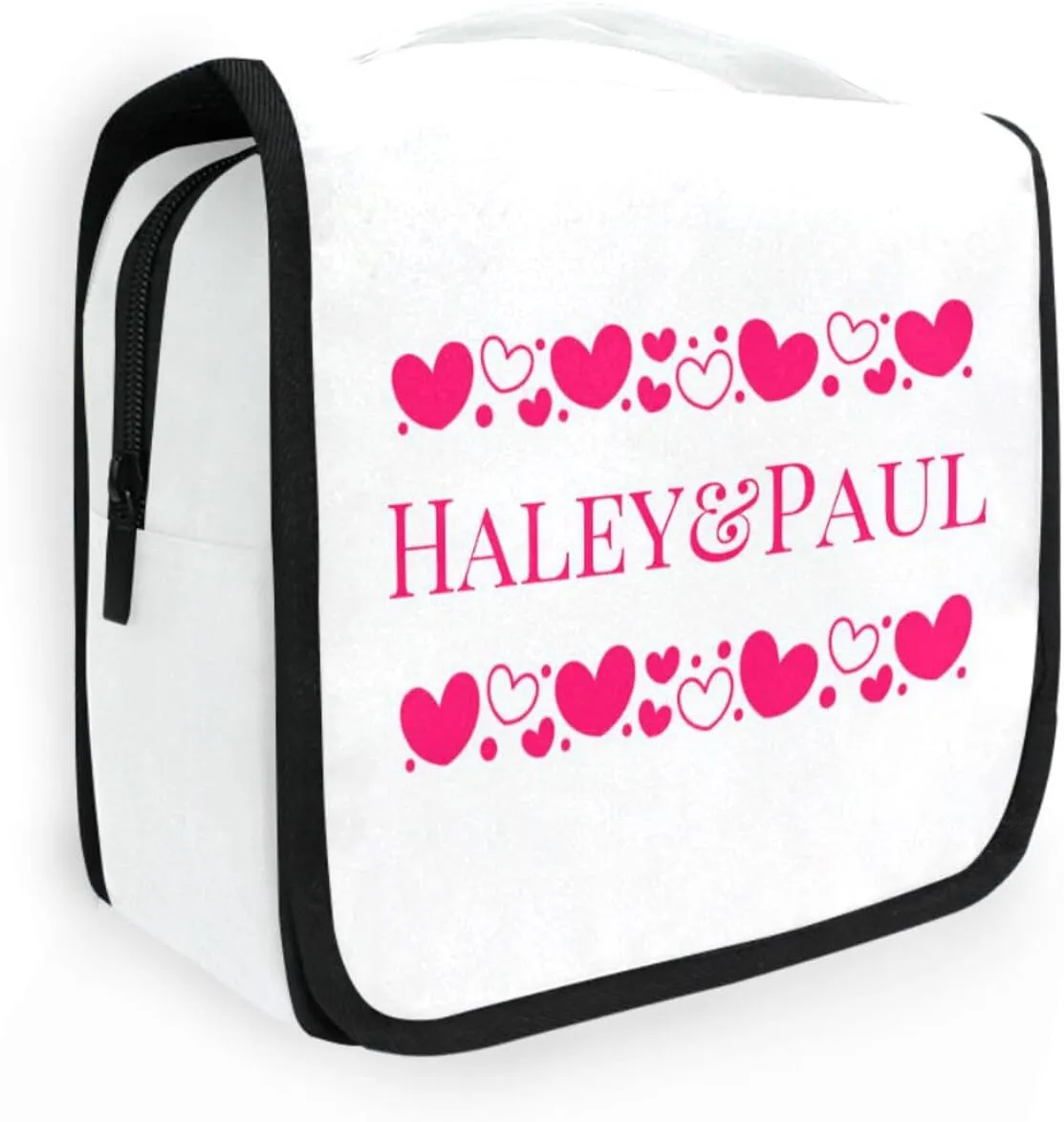 Sinestour White Hearts Custom Hanging Toiletry Bag Personalized Name Travel Toiletry Organizer Large Capacity Cosmetic Case Bag for Brush Toiletries Storage