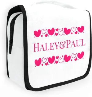Sinestour White Hearts Custom Hanging Toiletry Bag Personalized Name Travel Toiletry Organizer Large Capacity Cosmetic Case Bag for Brush Toiletries Storage