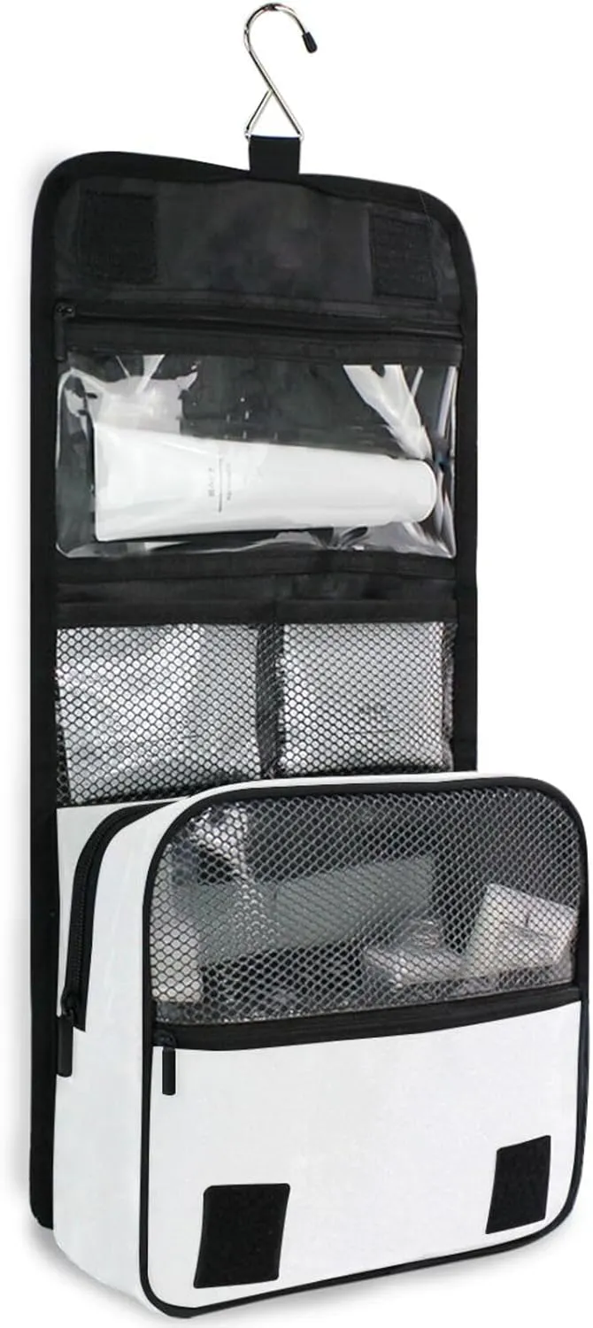 Sinestour White Hearts Custom Hanging Toiletry Bag Personalized Name Travel Toiletry Organizer Large Capacity Cosmetic Case Bag for Brush Toiletries Storage