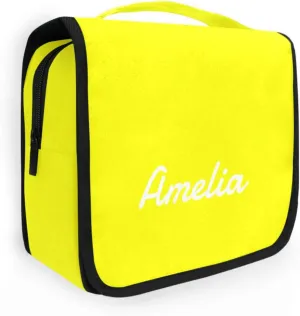 Sinestour Yellow Custom Name Hanging Toiletry Bag Personalized Makeup Cosmetic Bag Cosmetic Case Large Capacity Travel Toiletry Organizer for Shaving Toiletries Brush Storage