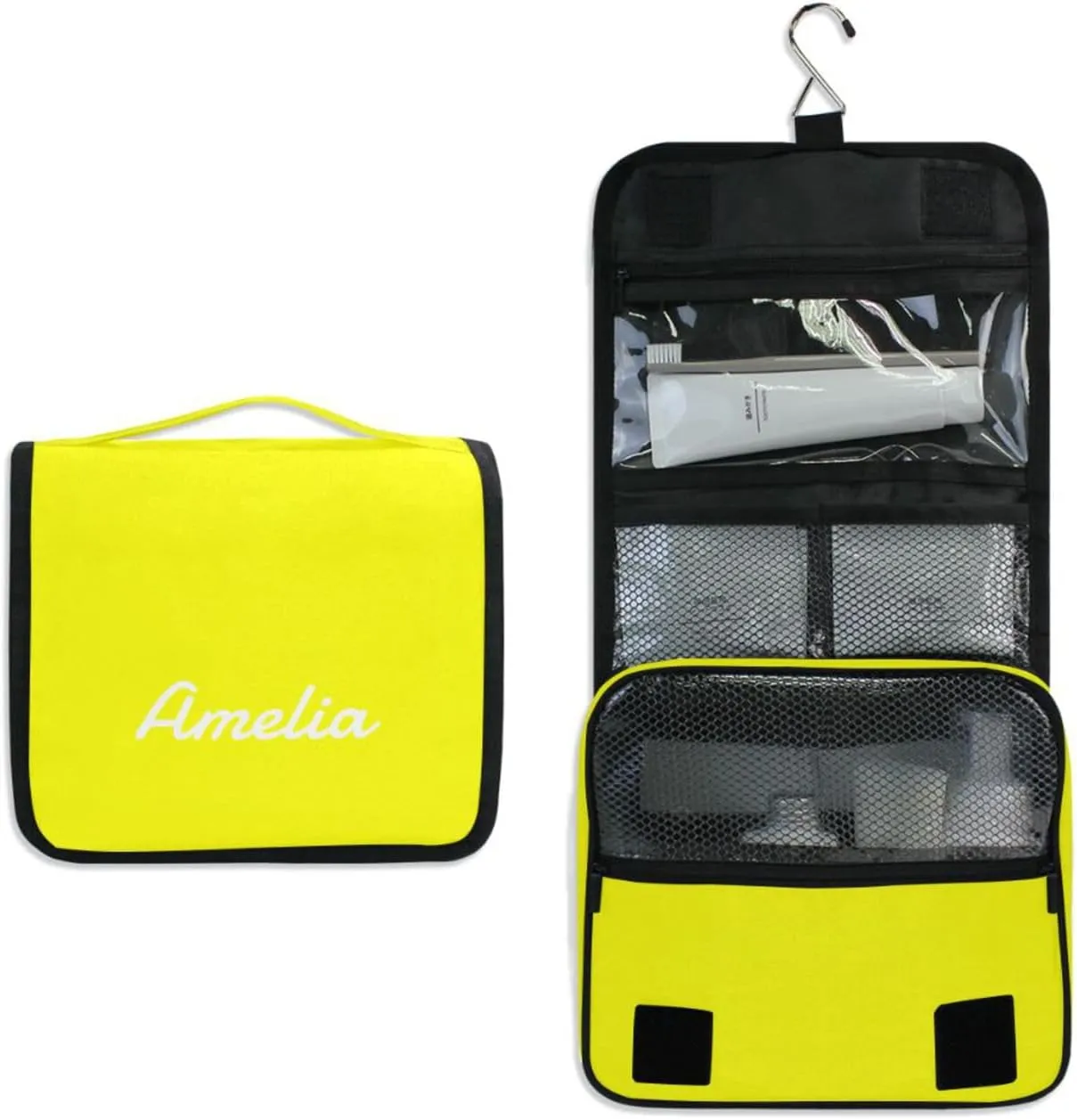 Sinestour Yellow Custom Name Hanging Toiletry Bag Personalized Makeup Cosmetic Bag Cosmetic Case Large Capacity Travel Toiletry Organizer for Shaving Toiletries Brush Storage