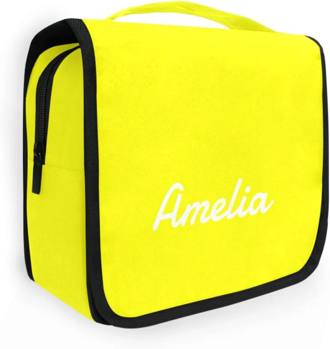 Sinestour Yellow Custom Name Hanging Toiletry Bag Personalized Makeup Cosmetic Bag Cosmetic Case Large Capacity Travel Toiletry Organizer for Shaving Toiletries Brush Storage