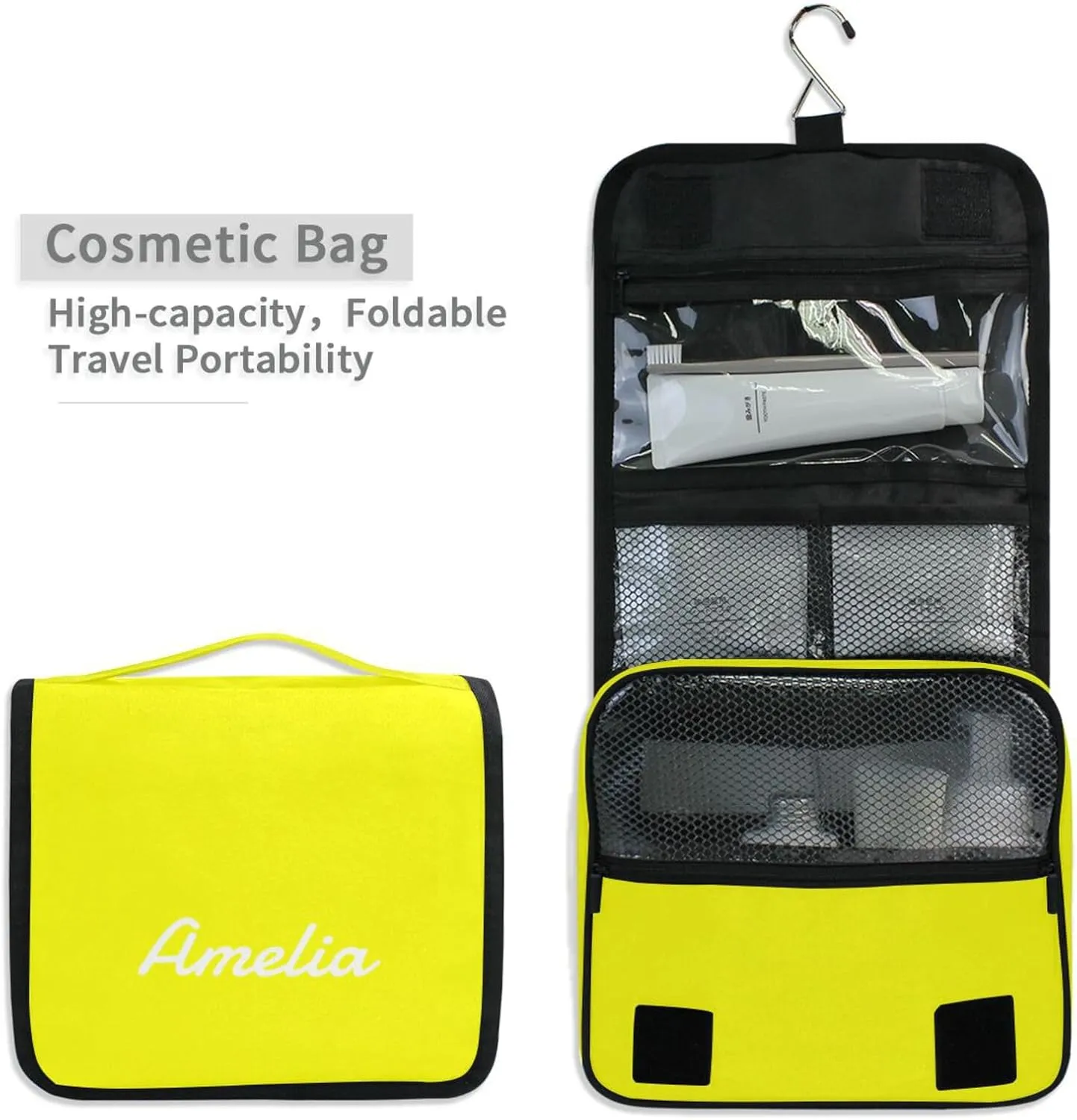 Sinestour Yellow Custom Name Hanging Toiletry Bag Personalized Makeup Cosmetic Bag Cosmetic Case Large Capacity Travel Toiletry Organizer for Shaving Toiletries Brush Storage