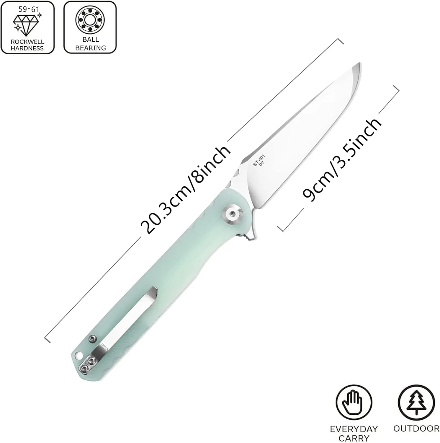 Sitivien ST101 Folding Knife, D2 Steel Blade G10 Handle Tool Knife, EDC Pocket Knife for Outdoor, Camping, Hunting, Survival (Jade), Turquoise