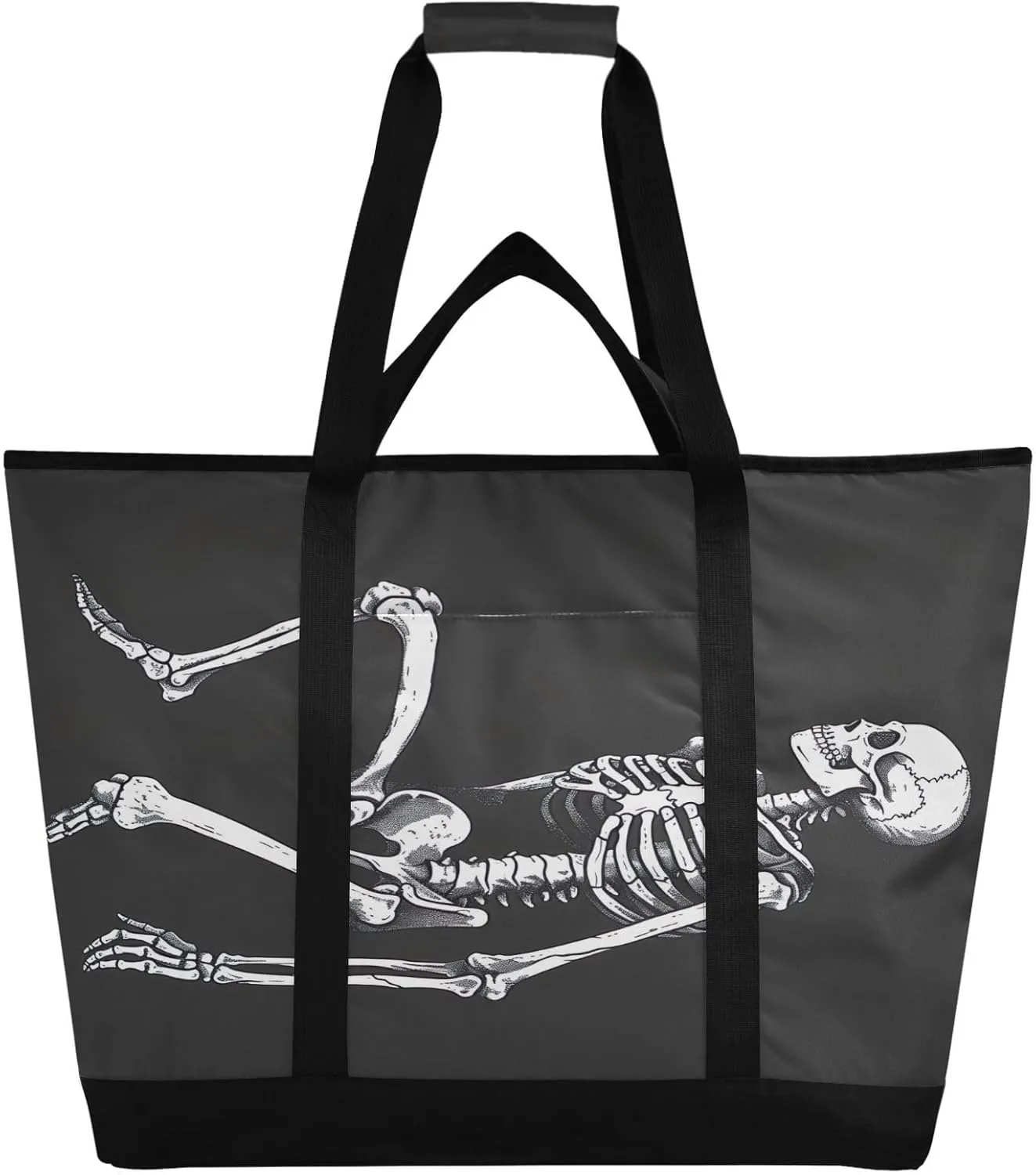 Skeleton Insulated Cooler Bag with Zipper & Pocket, Foldable Grocery Bags Leak Proof Reusable Lunch Bags Portable Travel Tote Bag for Food Delivery, Shopping, Beach or Picnic