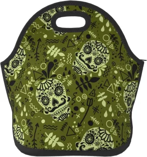 skull death horror mysterious green Insulated Lunch box Food Bag Neoprene Handbag lunchbox Cooler warm Pouch Tote bag