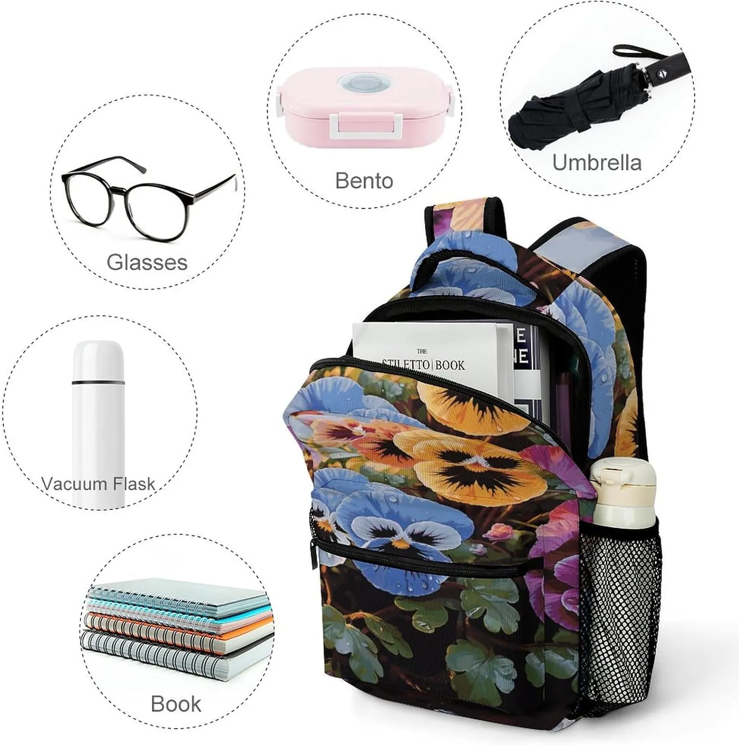 Small Backpacks Personalized Pansy Flowers Printing Travel Bag Lightweight Travel Backpack For Women Men