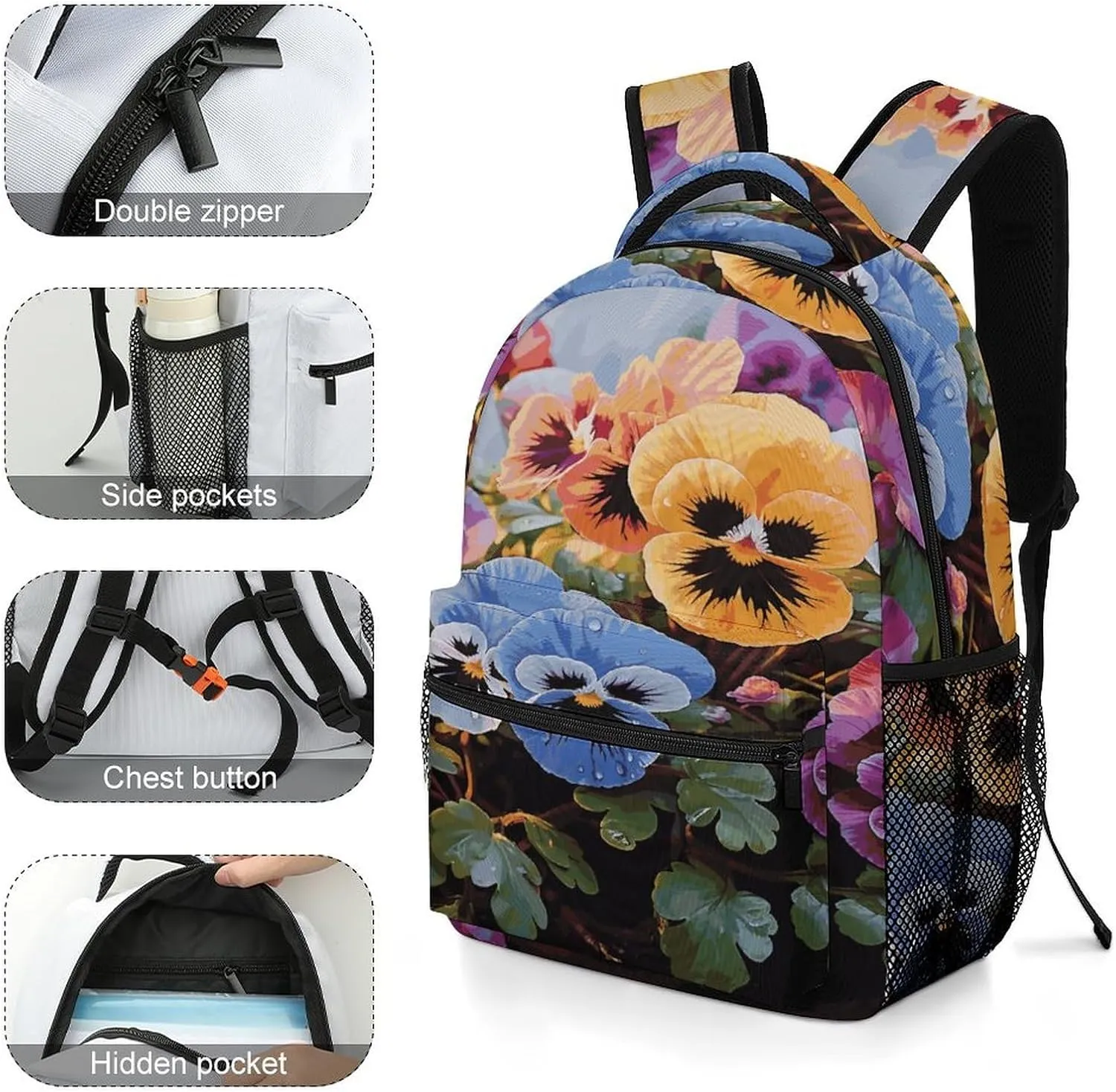 Small Backpacks Personalized Pansy Flowers Printing Travel Bag Lightweight Travel Backpack For Women Men