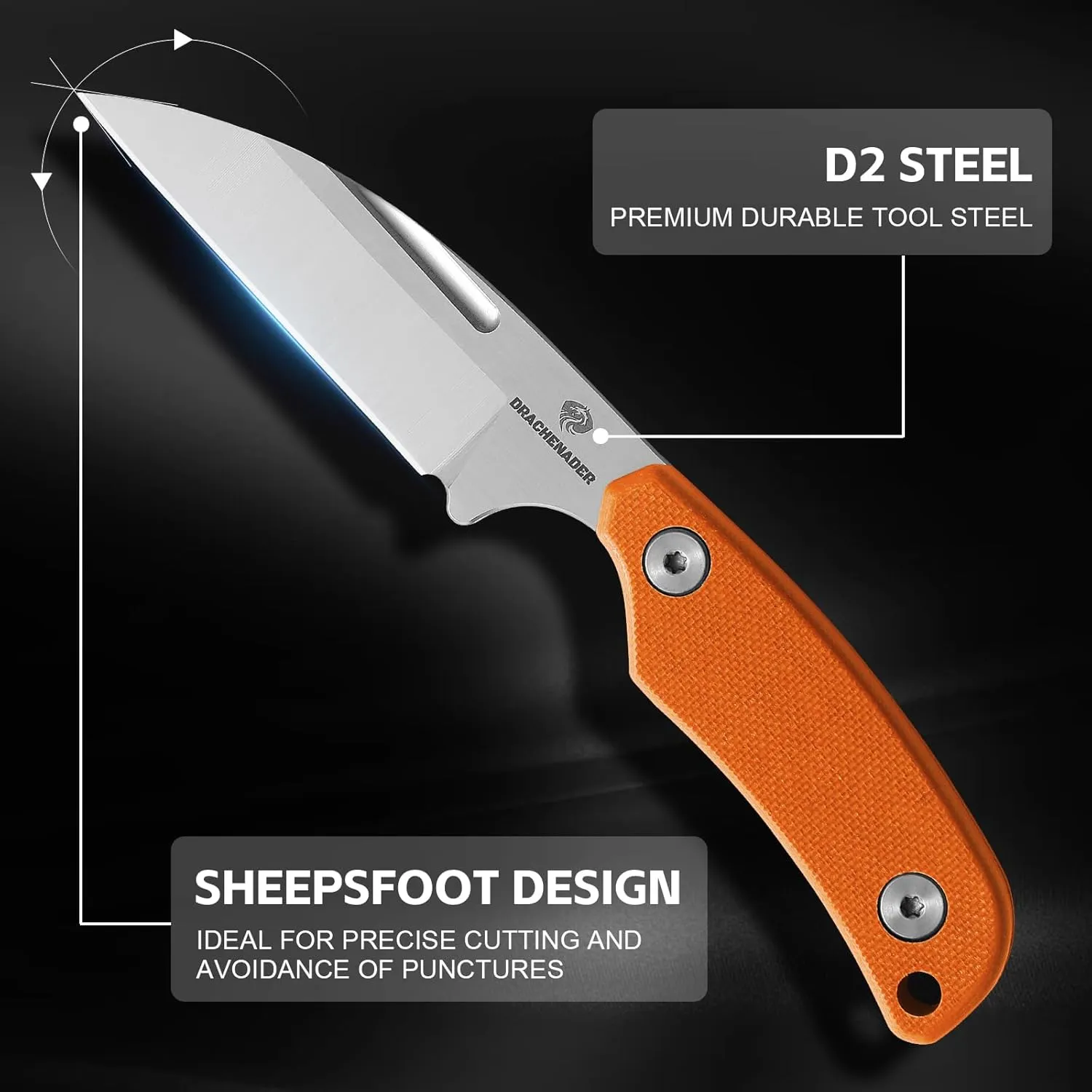Small Fixed Blade Knife, 5.82" Full Tang Knife with D2 Steel 2.99" Blade, G10 Handle, Ergonomic Design for EDC, Camping, Hiking, and Survival (Silver Blade   Orange Handle, S-2-Sheepsfoot-Orange Handle)