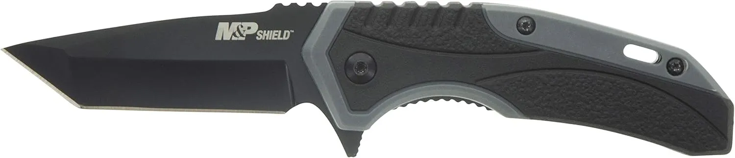 Smith & Wesson M&P Shield 6.8in Stainless Steel Assisted Opening Knife with 2.8in Tanto Blade and Rubberized Handle for Outdoor, Tactical, Survival and EDC,Black