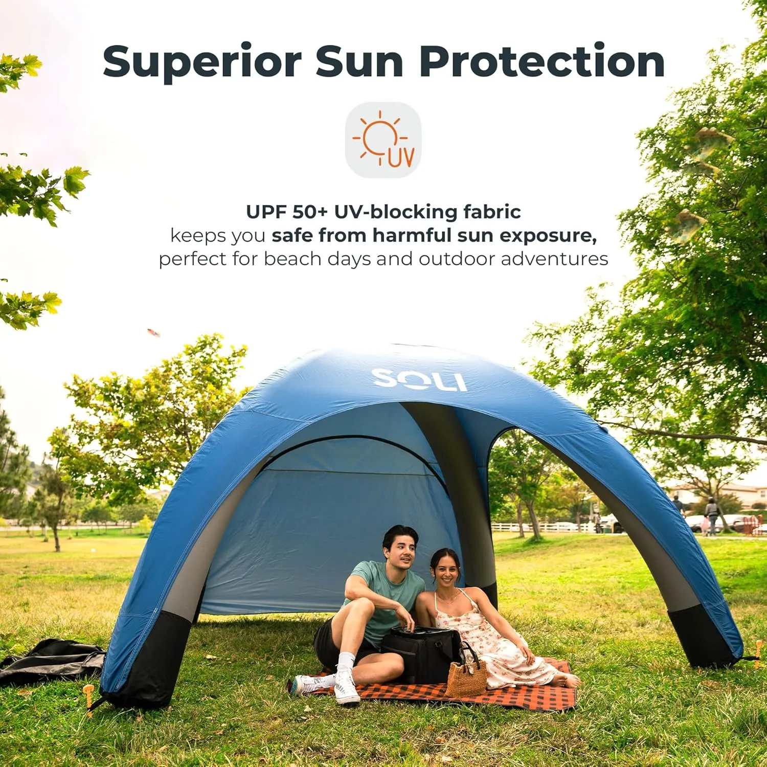 SOLI Inflatable Shade Air Canopy – Quick Self-Inflating Sun Shelter with Air Pump, UPF 50  Sun Protection, Travel-Friendly, Stable Anchors for Beach, Camping & Backyard Use (Ultra Marine Blue)