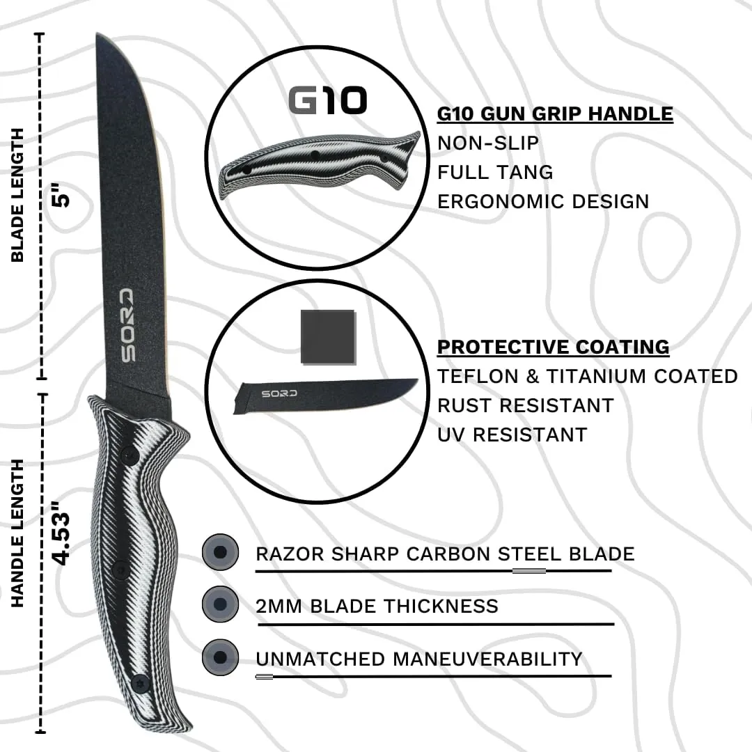 SORD 5-9' Fillet Knife - Fishing & Meat Cutting with Sheath - Razor Sharp Carbon Steel Filet Knife for Cleaning Fish and Skinning - Full Tang G10 Handle | Corrosion Resistant