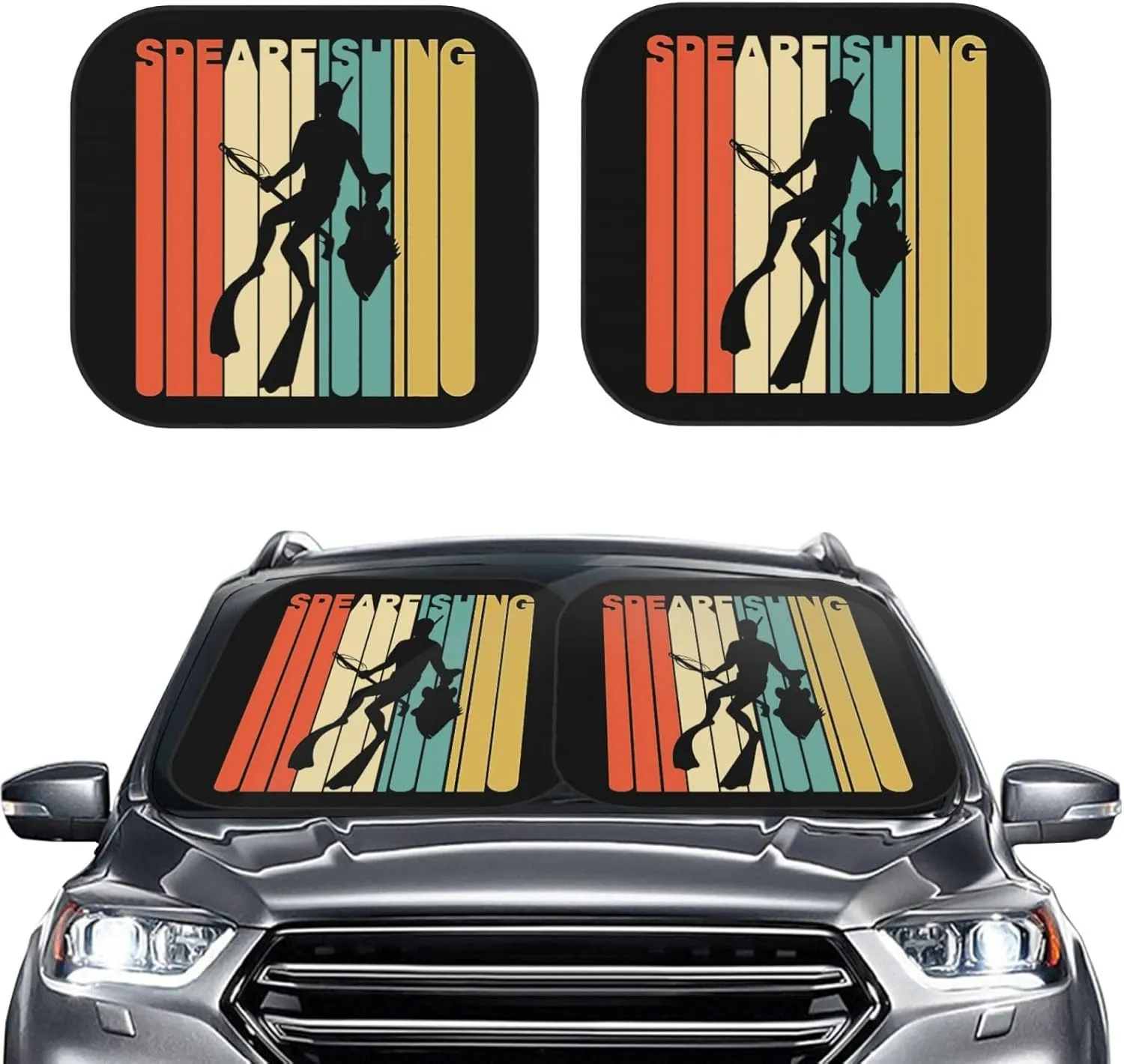 Spearfishing Foldable 2-Piece Windshield Sun Shade for Cars - UV & Heat Reflective Sunshade Protector, Medium Size (Fits Most Sedans)