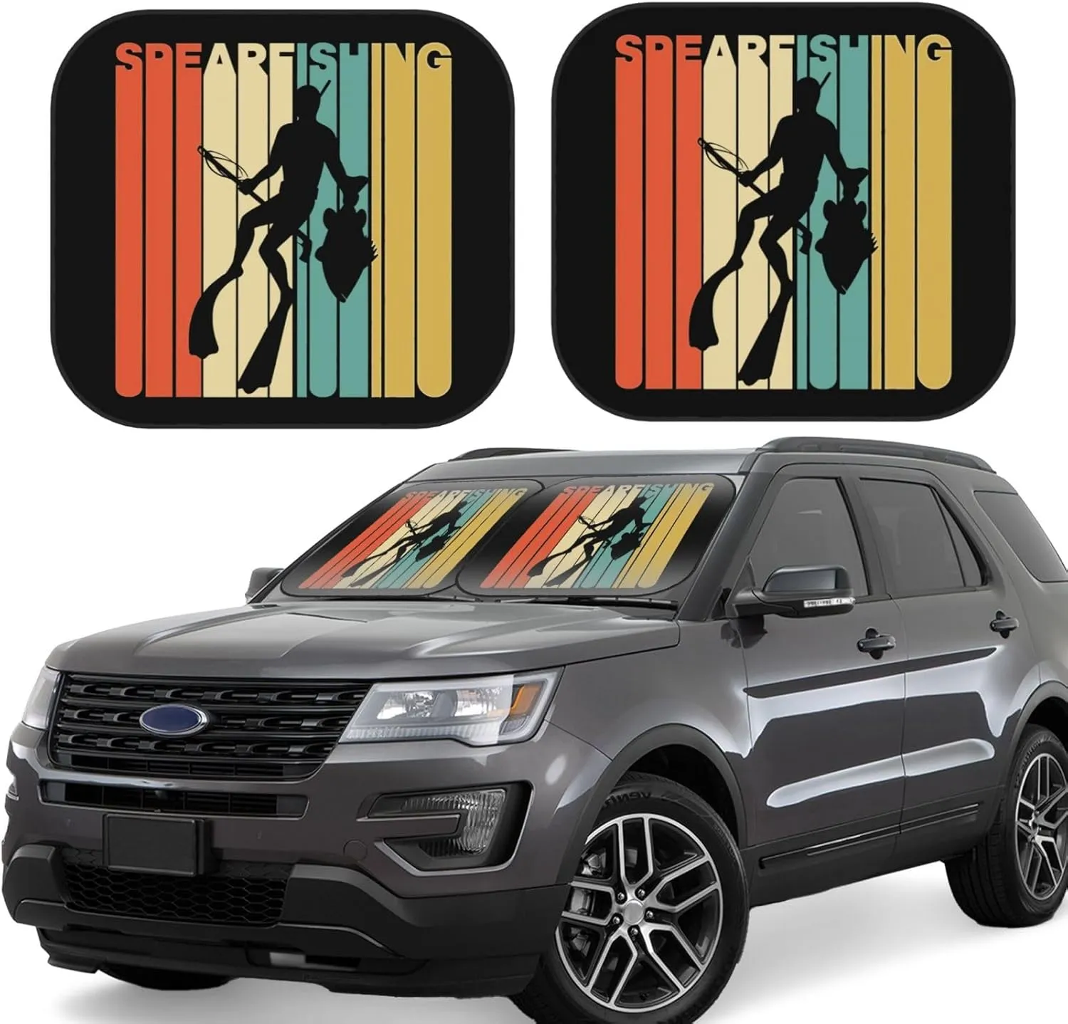 Spearfishing Foldable 2-Piece Windshield Sun Shade for Cars - UV & Heat Reflective Sunshade Protector, Medium Size (Fits Most Sedans)