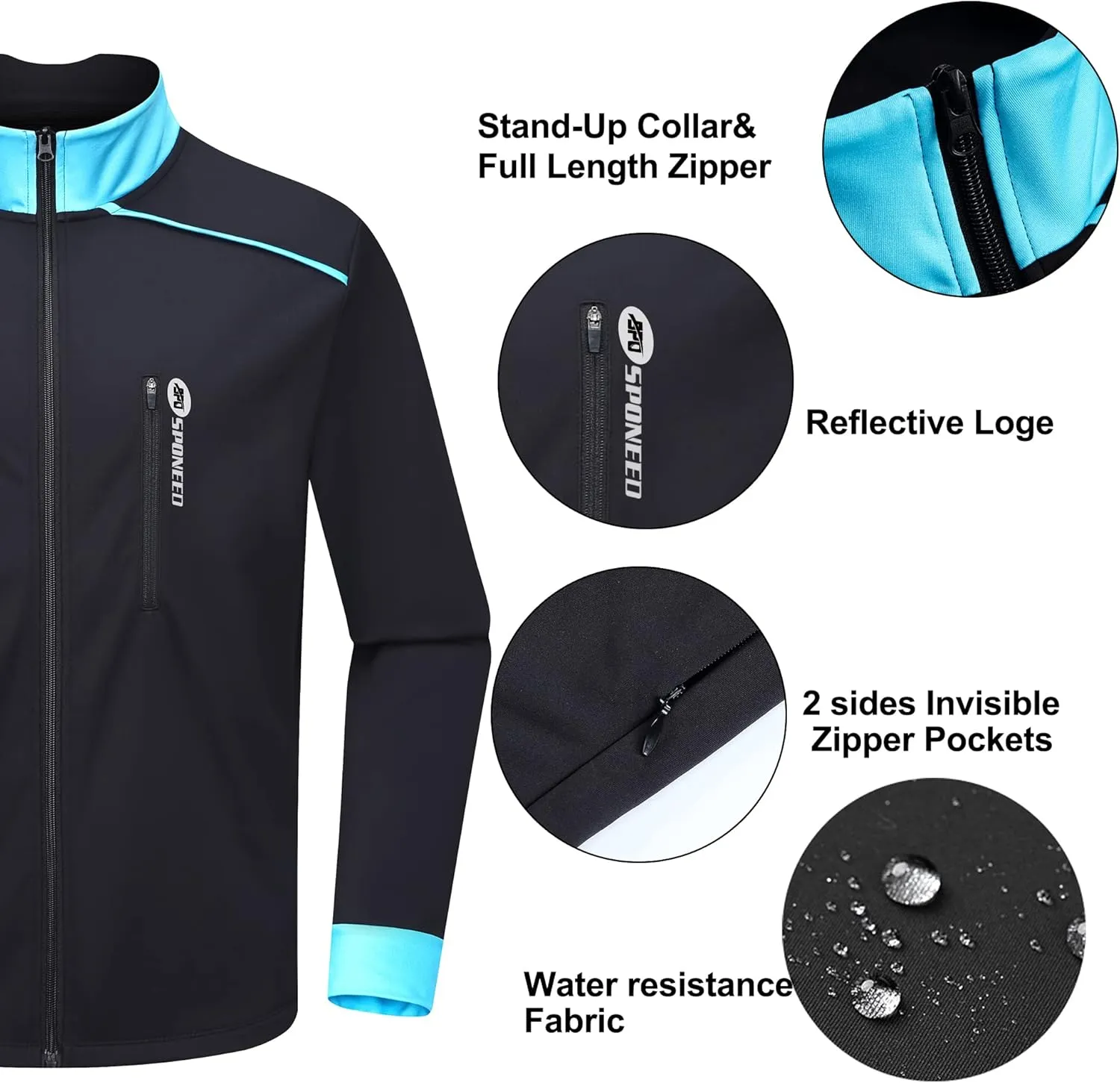 sponeed Men's Windproof Jackets Cycling Fleece Coat Shirts Winter Thermal Snowing Running Tops Bike Overcoats