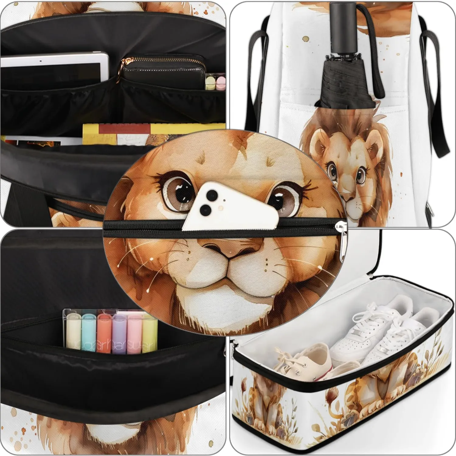Sports Duffel Bag, Foldable Lion Travel Duffel Bag, Gym Yoga Beach Bag Weekender Overnight Bag with Shoes Compartment for Men Women, Lion Prints Animal