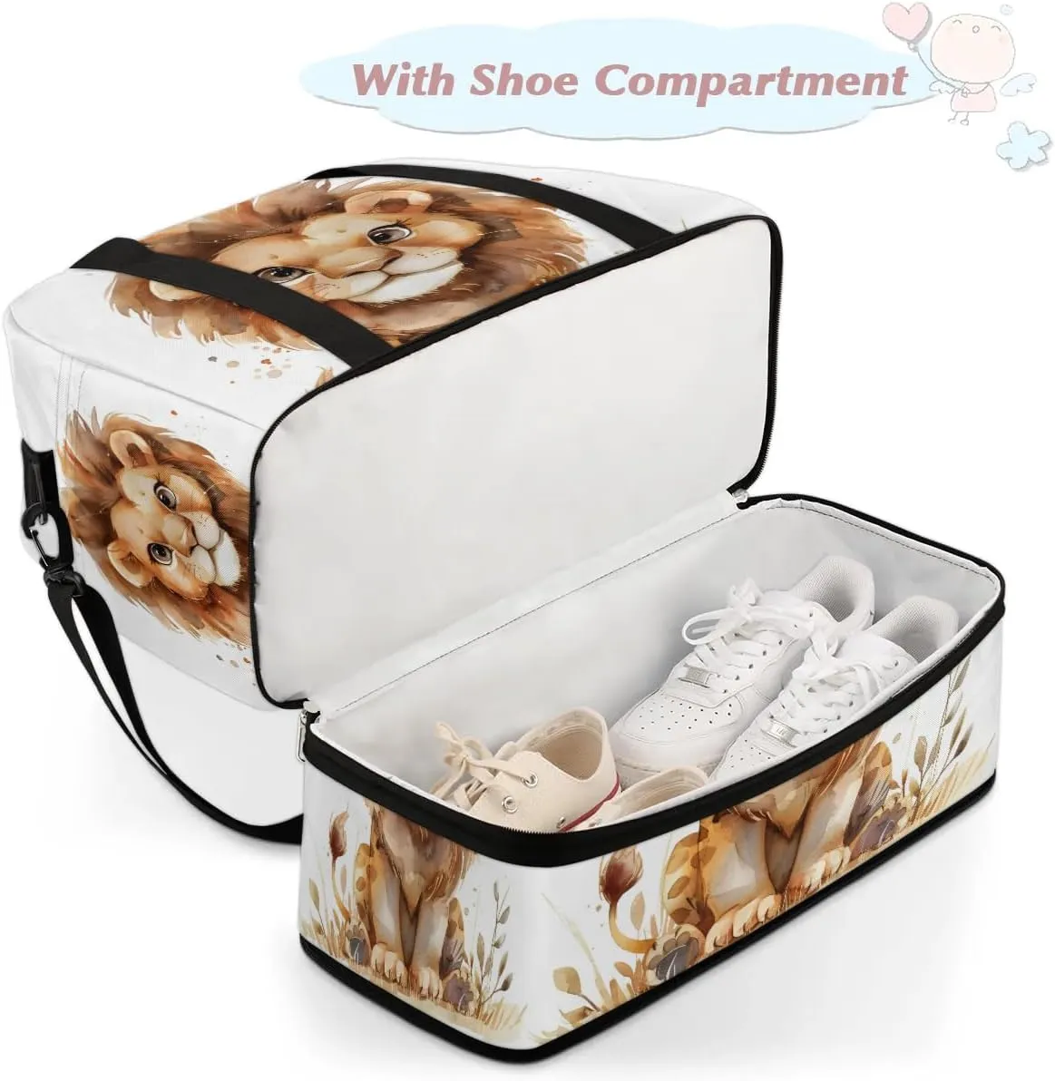 Sports Duffel Bag, Foldable Lion Travel Duffel Bag, Gym Yoga Beach Bag Weekender Overnight Bag with Shoes Compartment for Men Women, Lion Prints Animal