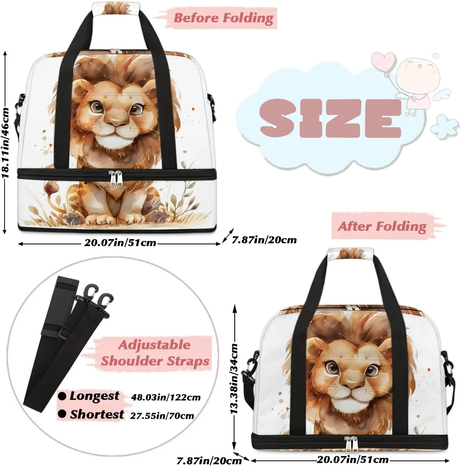 Sports Duffel Bag, Foldable Lion Travel Duffel Bag, Gym Yoga Beach Bag Weekender Overnight Bag with Shoes Compartment for Men Women, Lion Prints Animal