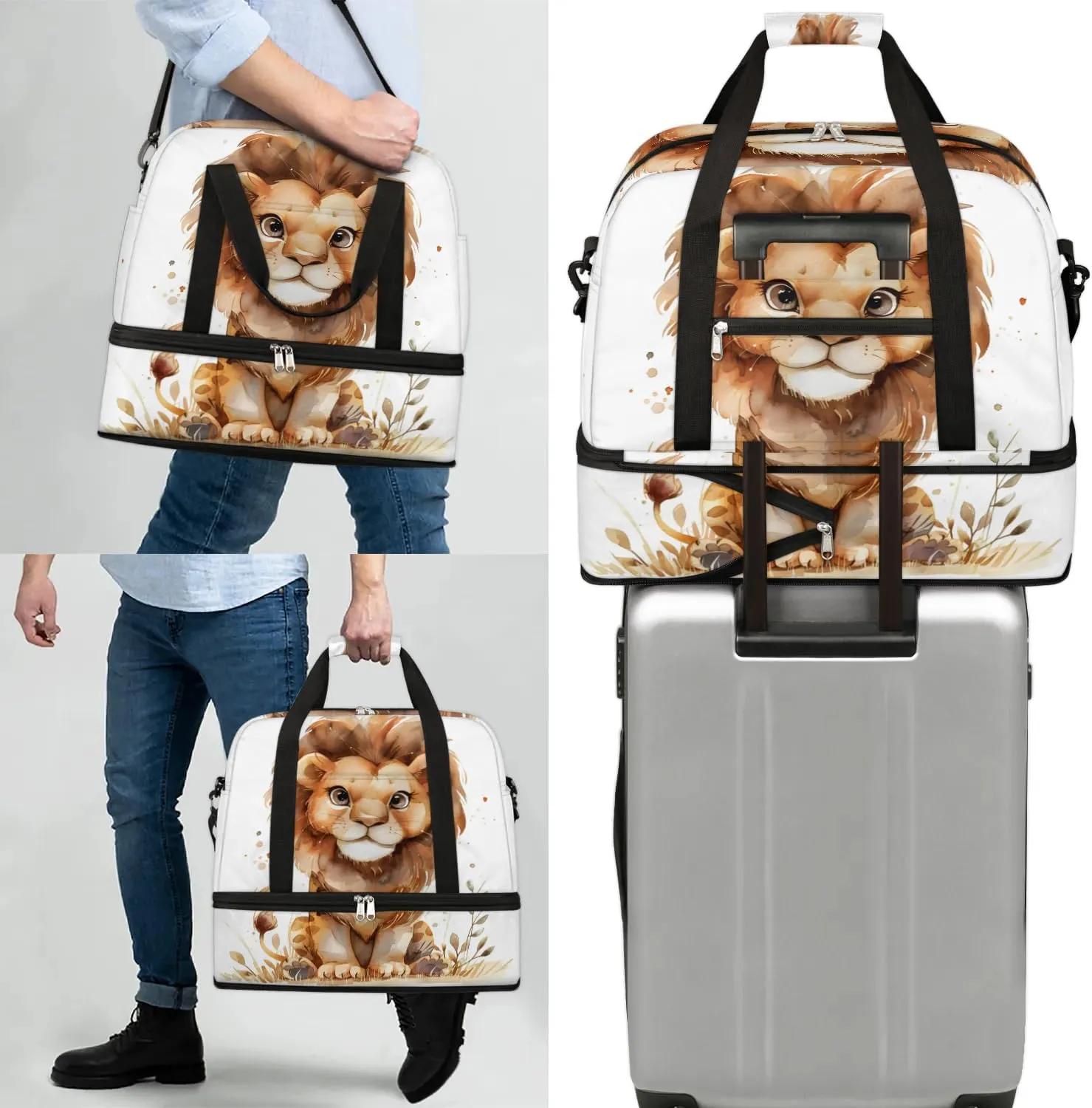 Sports Duffel Bag, Foldable Lion Travel Duffel Bag, Gym Yoga Beach Bag Weekender Overnight Bag with Shoes Compartment for Men Women, Lion Prints Animal