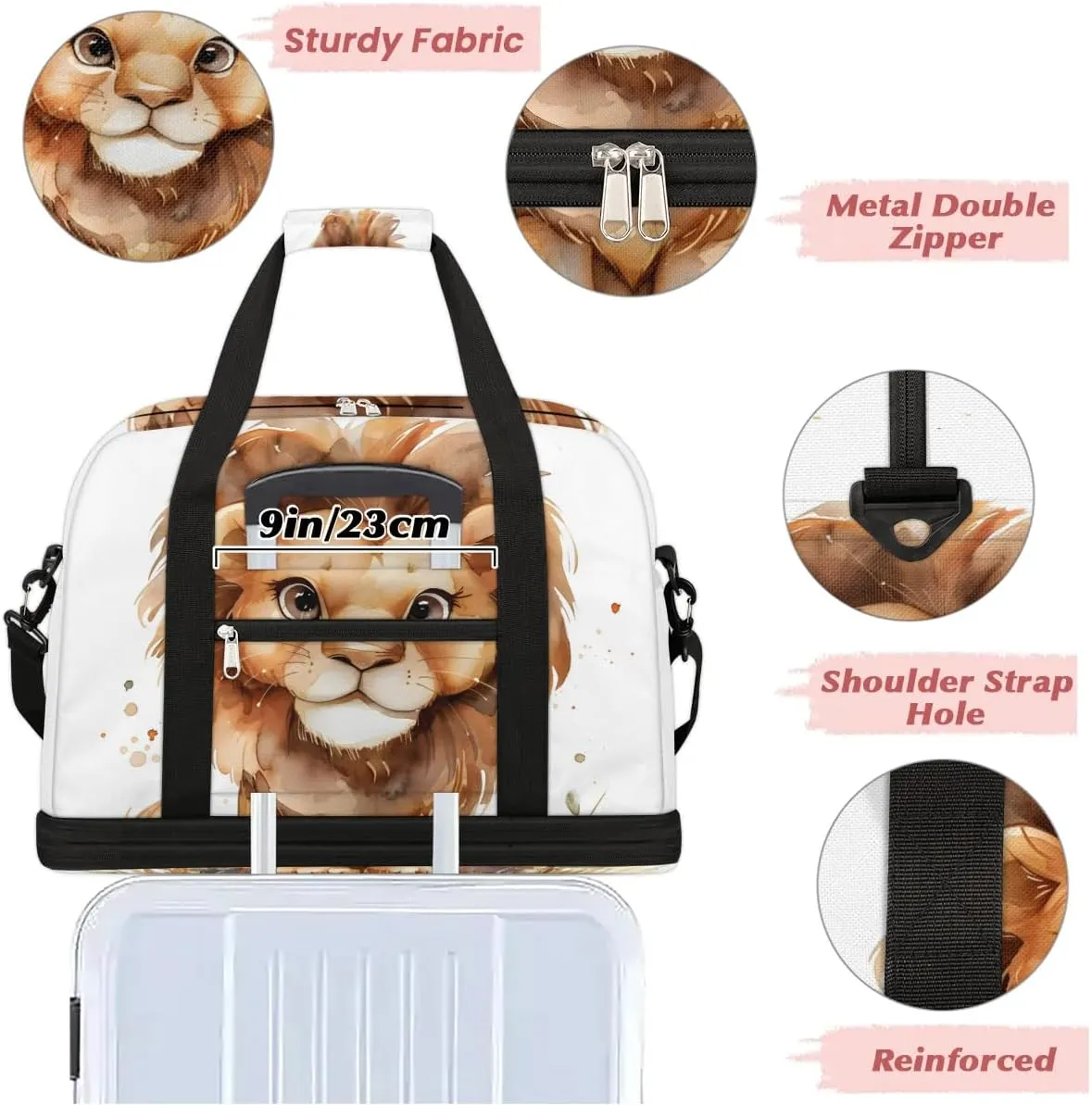 Sports Duffel Bag, Foldable Lion Travel Duffel Bag, Gym Yoga Beach Bag Weekender Overnight Bag with Shoes Compartment for Men Women, Lion Prints Animal
