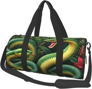 Sports Duffel Bag Realistic-Green-Snakes Foldable Travel Tote Bag Weekender Sleepover Carry On Bag