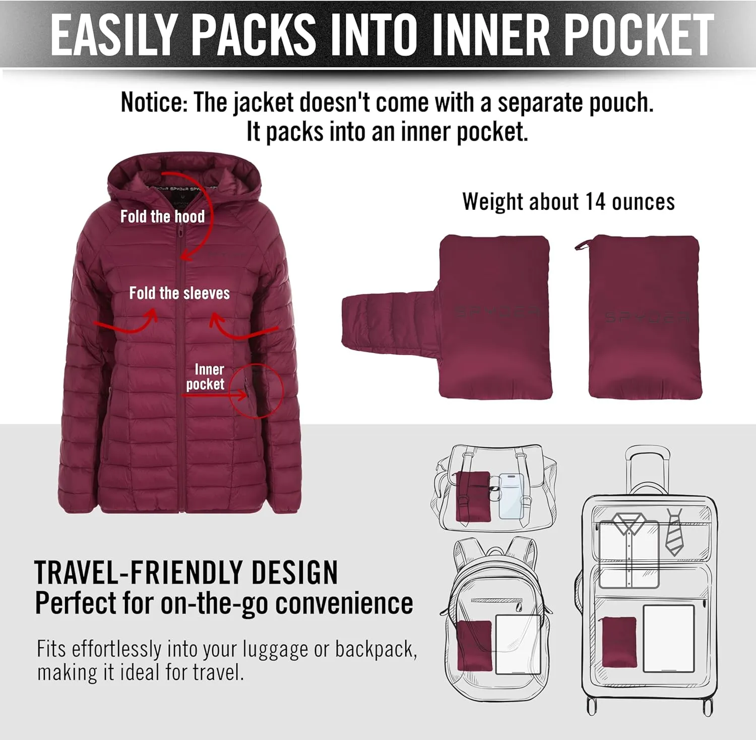 Spyder Packable Puffer Jacket Womens with Hood, Lightweight Full Zip Winter Quilted Womens Puffer Coat