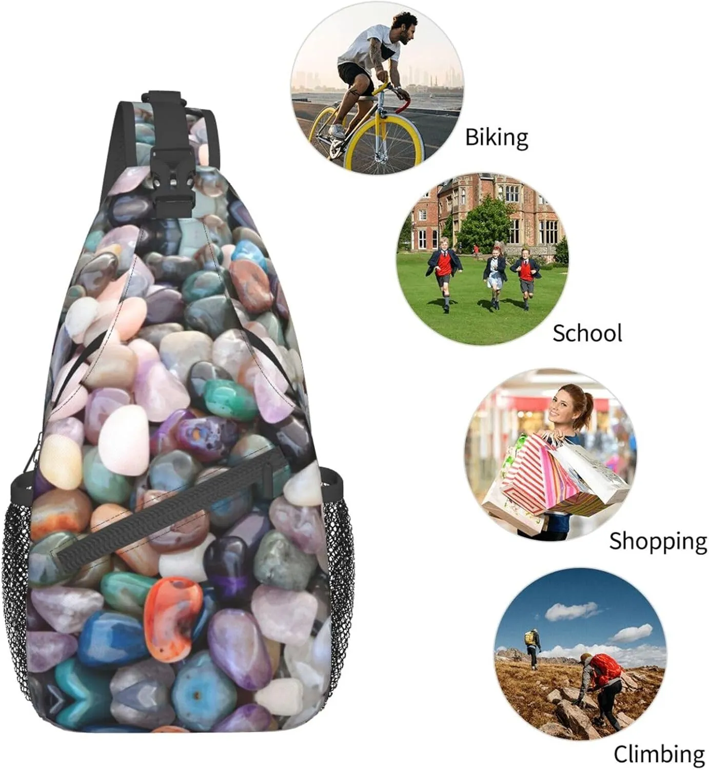 SSIMOO Colorful Cobbles Versatile Travel Hiking Backpack-Perfect For Outdoor Cycling,Chest Shoulder Bag
