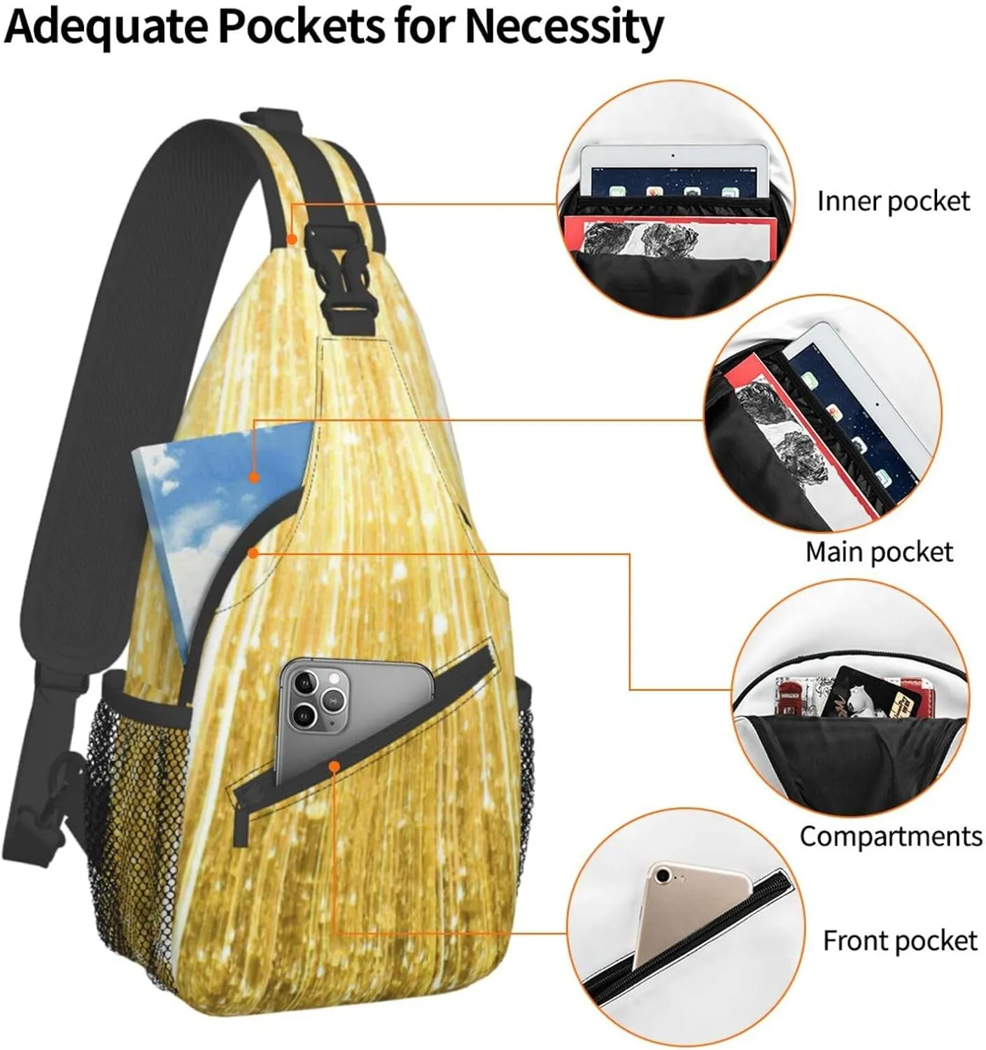 SSIMOO Gold Bling Versatile Travel Hiking Backpack-Perfect For Outdoor Cycling,Chest Shoulder Bag