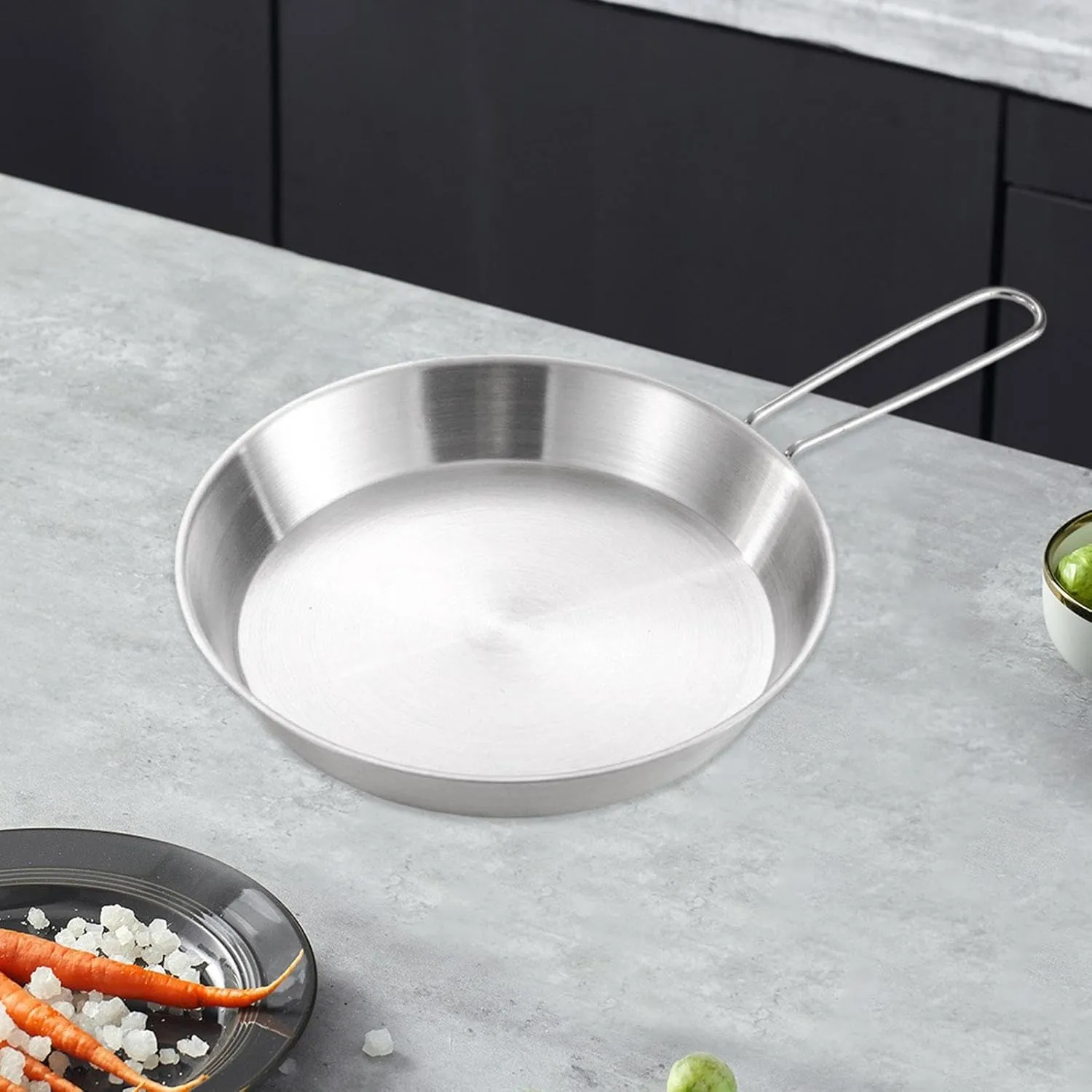 Stainless Steel Camping Fry Pan Pancake Maker with Foldable Handle Lightweight Portable Non Stick Skillet Easy to Clean- 20cm