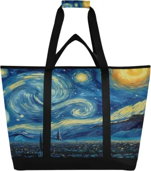 Starry Night Reusable Insulated Cooler Bag with Ice Pack Compartment - Large 47L Waterproof Thermal Grocery Tote for Picnic Beach Camping Lunch Storage