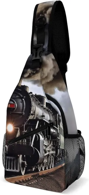 Steam Train Sling Bag with Rfid Blocking Causal Mens Crossbody Bag Lightweight Chest Pack Large Man Purse Travel Crossbody Backpack Shoulder Sling Backpack for Hiking Running Cycling
