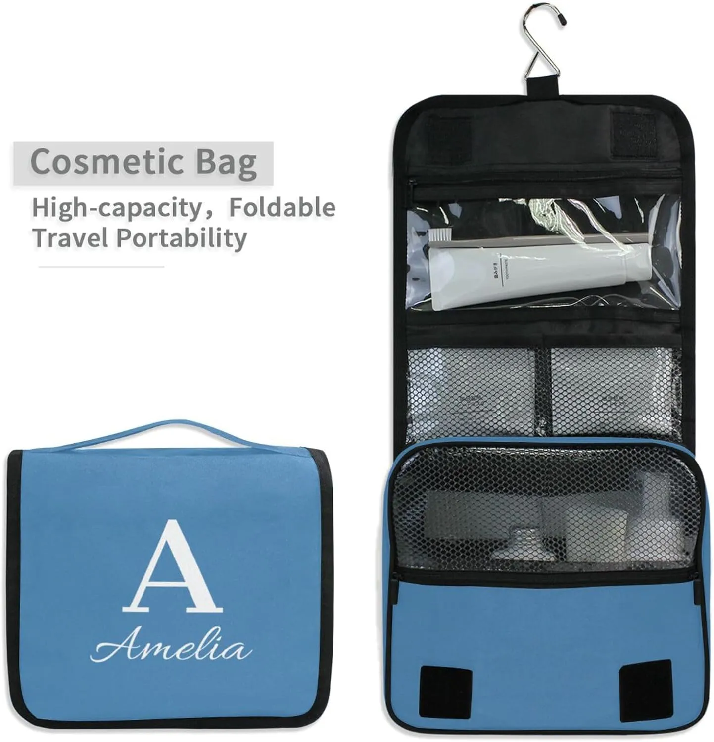 Steel Blue Custom Name Hanging Toiletry Bag Personalized Makeup Cosmetic Bag Cosmetic Case Large Capacity Travel Toiletry Organizer for Toiletries Bathroom Travel Storage